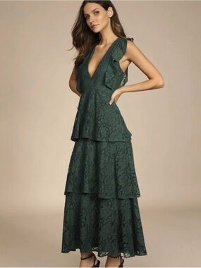 Lulu's Molinetto Dark Green Lace Tiered Maxi Dress
